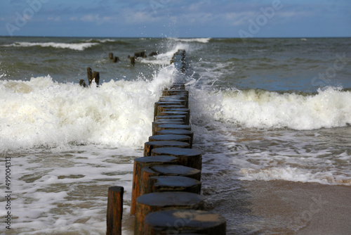 Fototapeta Naklejka Na Ścianę i Meble -  Wooden water cutters in the Baltic Sea, Kaliningrad region, Russia