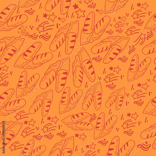 Cute seamless pattern on orange background with delicious bread and stars. Hand drawn delicious bread and stars. Texture for scrapbooking, wrapping paper, invitations. Vector illustration.