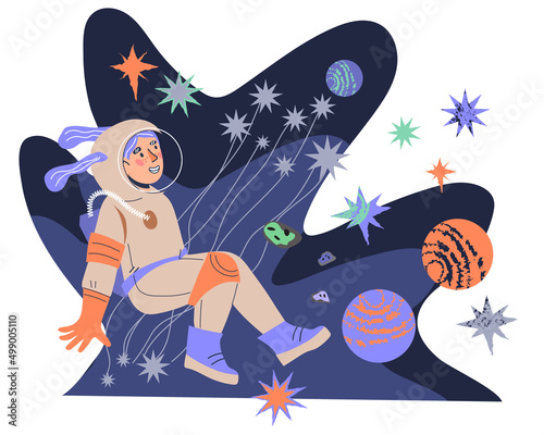 Space thematic decorative banner with child astronaut in outer space, cartoon flat vector illustration isolated on white background. Space exploration, planetarium backdrop.