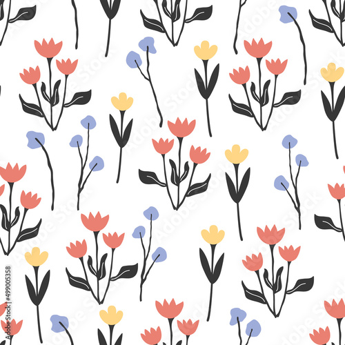 Seamless pattern with red and yellow flowers and purple branches. Floral print on women's clothing or wallpaper in the style of bohemian and retro