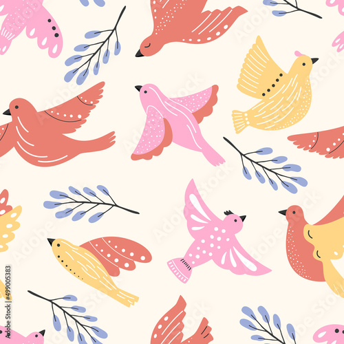 Vector peaceful flying birds of different colors on a seamless pattern. Colorful spring summer print, bright romantic doves.