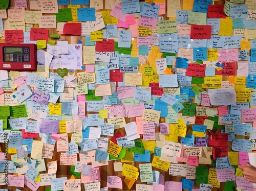 Dubai, UAE- March 31 2022: A wall full of colorful stick notes with connected messages and good wishes for the future.
