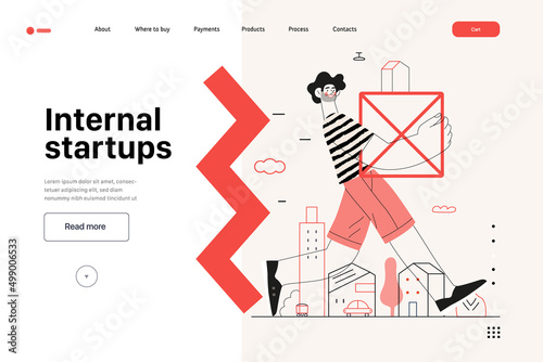 Startup illustration, website landing template Flat line vector modern concept illustration, startup metaphor. Concept of building new business, strategy, company processes. Internal startups