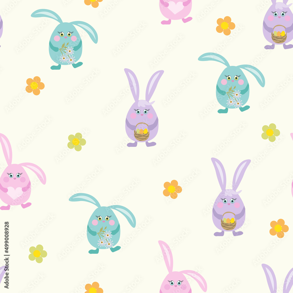 Vector illustration of happy sweet easter filled with cute easter bunnies and easter eggs in a basket. Bright repeat design for decor, fabric, print, wallpaper, wrapping, baby illustrations, cards Vector illustration of happy sweet easter filled with cute easter bunnies and easter eggs in a basket. Bright repeat design for decor, fabric, print, wallpaper, wrapping, baby illustrations, cards