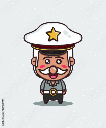 Cute police cartoon characther in uniform standing on white background