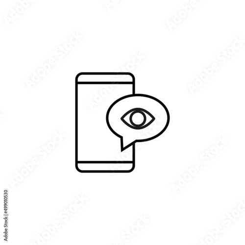 Internet chat and dialogue concept. Modern vector sign in flat style. Suitable for web sites, stores. Line icon of eye inside of speech bubble by smartphone