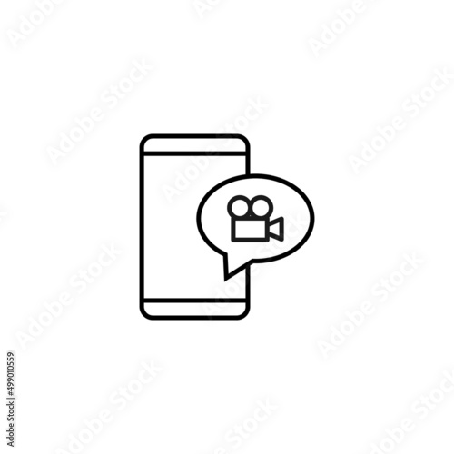 Internet chat and dialogue concept. Modern vector sign in flat style. Suitable for web sites, stores. Line icon of video camera inside of speech bubble by smartphone