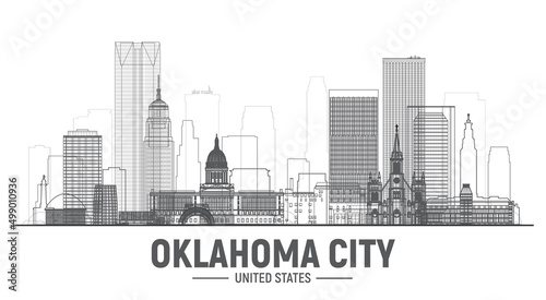 Oklahoma City (US) line skyline on white background. Stroke realistic style with famous landmarks and modern scraper buildings. Vector illustration for web or print production. photo