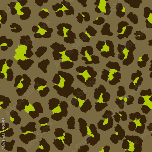 Seamless leopard pattern print in lime green, chocolate brown and khaki tan.
