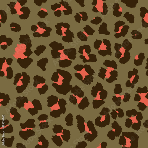 Seamless leopard pattern print in rose red, chocolate brown and khaki tan.
