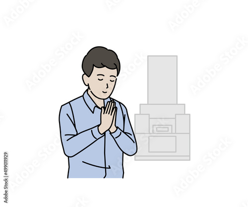 お墓参り　お彼岸　男性　合掌　手を合わせる　イラスト
