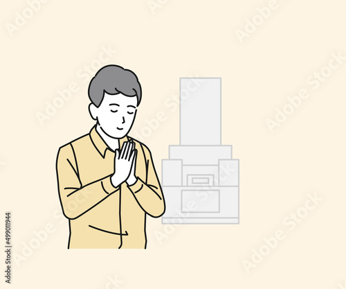 お墓参り　お彼岸　男性　合掌　手を合わせる　イラスト