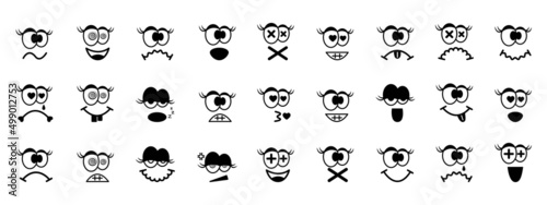 Set of cute emoticons  icons. Emotion design with big eyes and eyelashes. Funny  sad  sleepy  loving symbols. Faces for social networks  emotional messages. Emojis for holidays  business. Vector.