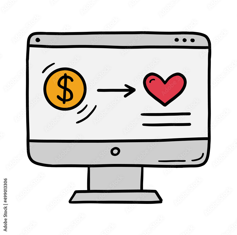 Computer display with money transfer to charity, online donation and fundraising to help. Vector icon in doodle style. Computer display with money transfer to charity, online donation and fundraising to help. Vector icon in doodle style.