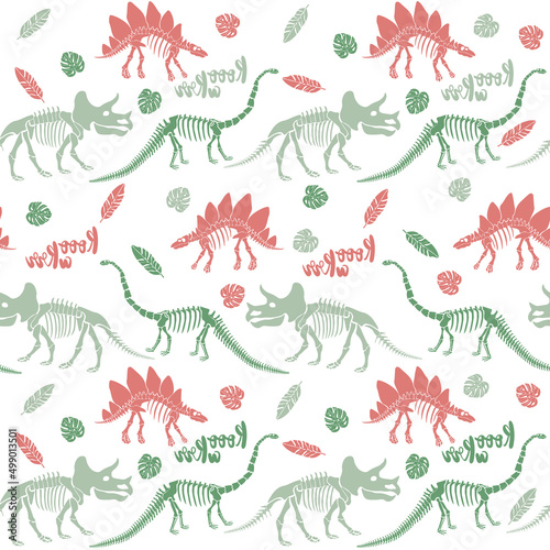 Seamless vector pattern with dinosaur skeleton. 
