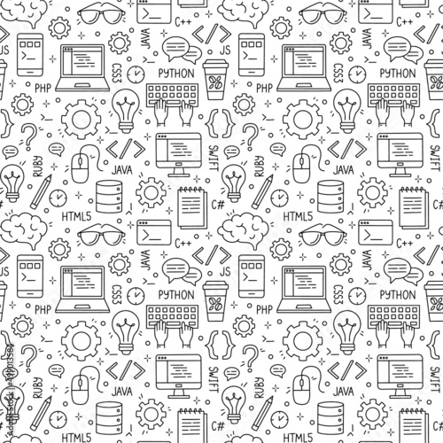 Programming and developers vector seamless pattern. Internet and coding black linear print with computer languages