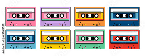 Cartoon audio tapes in different colorful. Vintage technology. Doodle style. Retro audio cassettes. Vector illustration.