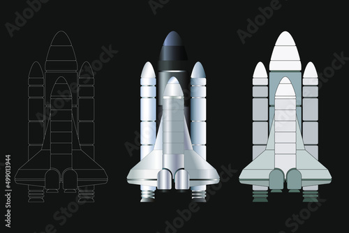Rockets are realistic. Shuttle spaceships to launch expeditionary rockets exploring the universe, vector illustration

