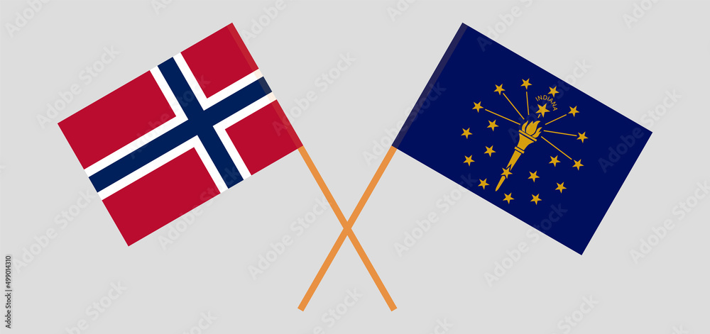 Crossed flags of Norway and the State of Indiana. Official colors. Correct proportion