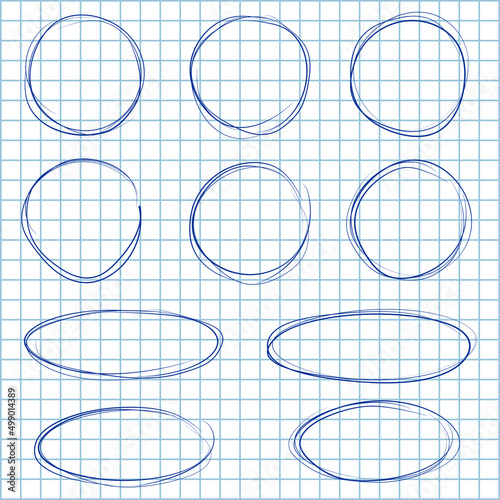 Blue ball pen circles and ovals on checkered notebook background. Vector hand-drawn circles isolated