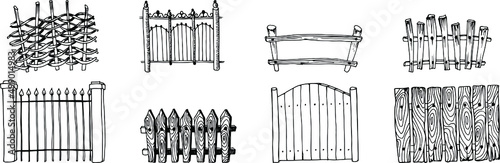 Set of vector illustrations, metal and wooden fences. Graphics.