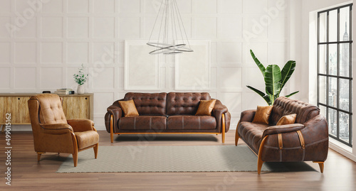 3d render modern living room interior .brown modern furniture 