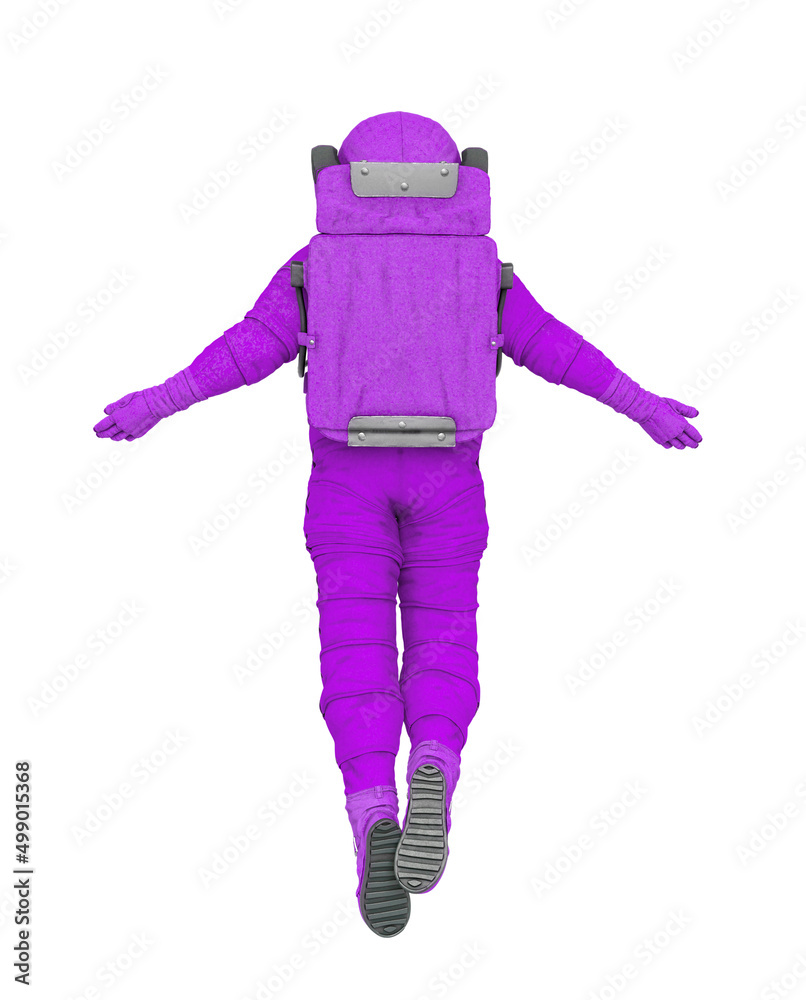 astronaut explorer is in ascension or being abducted on white background rear view