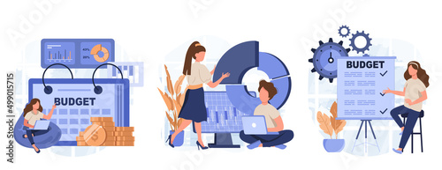 Analyzing budget concept isolated person situations. Collection of scenes with people do financial accounting, calculate statistics, earnings increase. Mega set. Vector illustration in flat design