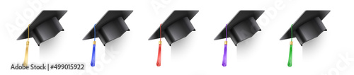 Set of vector realistic mortar hats. Graduation cap of a student with multi-colored tassels. Black hat at graduation at the university. Symbol of academic education, university headdress
