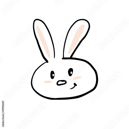 Hand drawn cute rabbit face doodle style, vector illustration isolated on white background. Smiling animal with colored cheeks and ears, bunny character