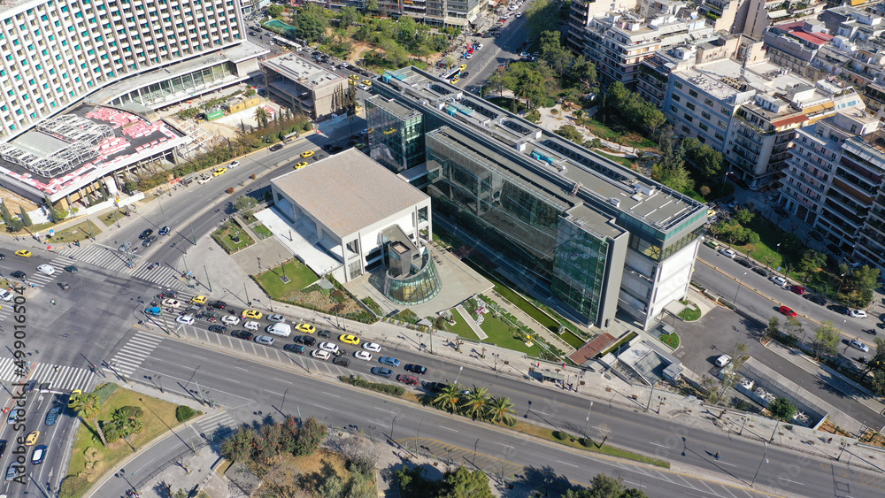 Aerial drone photo of famous National Gallery building in cityscape of Athens in Vasilisis Sofias Avenue and Vasileos Konstantinou, Attica, Greece