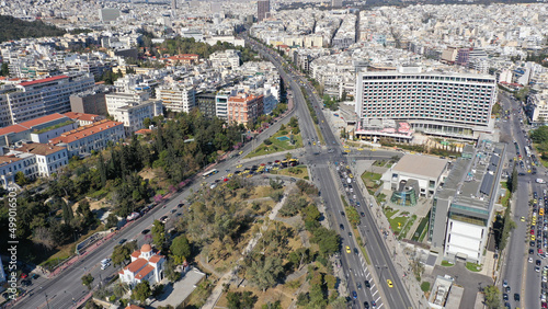 Aerial drone photo of famous cityscape in Athens centre of Vasilisis Sofias Avenue and Vasileos Konstantinou, Attica, Greece