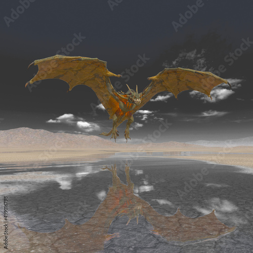 dragon is flying up on the desert after rain © DM7
