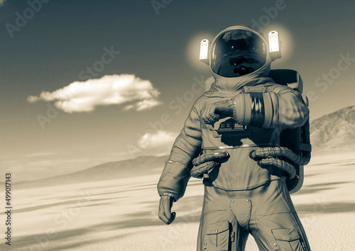 astronaut is checking the air in the desert of another planet after rain with copy space