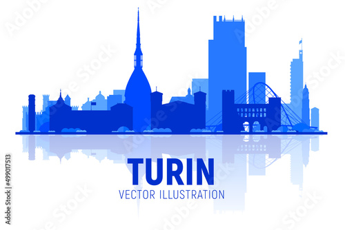 Turin, Italy city skyline silhouette on a white background. Vector Illustration. Business travel and tourism concept with modern buildings. Image for banner or website.