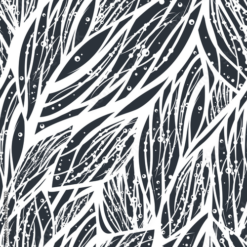 Abstract seamless pattern with floral elements in black, grey and white colors. Vector illustration. Template design for fabric, t-shirt or bag print, greeting card, wrapping paper.