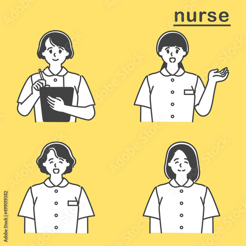 受付で案内をする女性看護師のセット