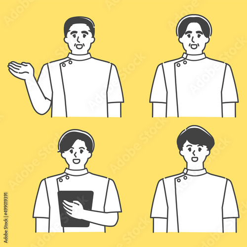 受付で案内をする男性看護師のセット