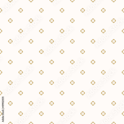 Simple golden floral pattern. Vector minimalist seamless texture with small flower shapes. Abstract minimal geometric gold and white background. Luxury repeat design for decor, fabric, wallpaper, wrap
