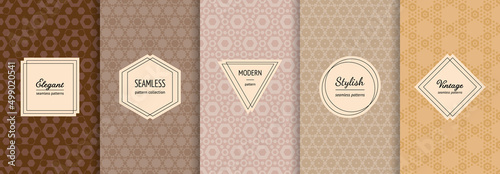 Vector geometric seamless patterns. Set of modern backgrounds with elegant minimal labels. Abstract hexagon grid ornament textures. Trendy nude color palette. Design for print, decor, package, cover