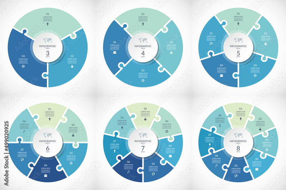 Set of vector infographic puzzle circular templates. Cycle diagrams with 3, 4, 5, 6, 7, 8 parts, options. Can be used for chart, graph, report, presentation, web design.