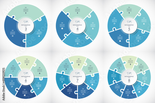 Set of vector infographic puzzle circular templates. Cycle diagrams with 3, 4, 5, 6, 7, 8 parts, options. Can be used for chart, graph, report, presentation, web design.