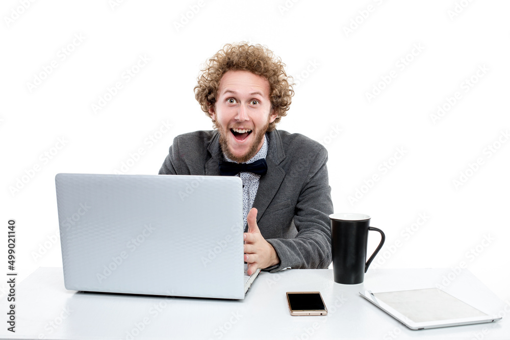 businessman feeling like happy, excited, realizing idea on laptop while isolated on white background businessman feeling like happy, excited, realizing idea on laptop while isolated on white background