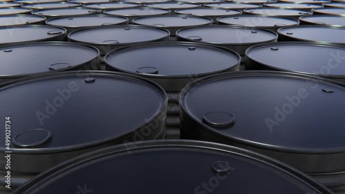 Realistic looping dolly camera 3D animation of the black petrol barrels rendered in UHD