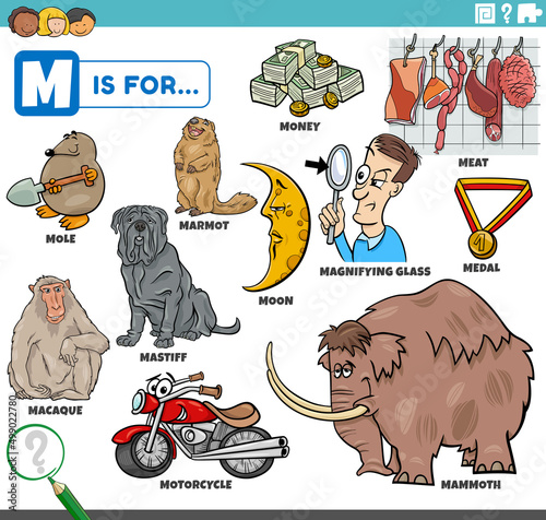 letter m words educational set with cartoon characters