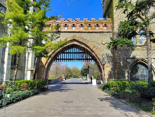 Historical romantic gate in the style of medieval castle with massive iron bars. The gate is the main entrance into the museum.
