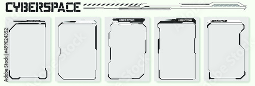 Collection of modern abstract posters. In acid style. Retro futuristic design elements, perspective grid, tunnel, circle. Black and white retro cyberpunk style. Futuristic info boxes layout templates.