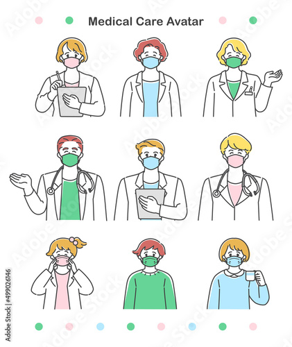 マスクをつけて案内する男女の医者と子供　シンプルでかわいいイラストセット