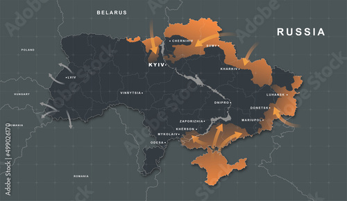 Military conflict between Ukraine and Russia. Black poster with borders of state and hot spots with war, occupation, struggle and protection. Geopolitical crisis. Cartoon realistic vector illustration