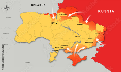 Ukraine and Russia military conflict. Map of Ukraine with military hotspots. War and aggression concepts. Geopolitical crisis. Independence and sovereignty of country. Cartoon flat vector illustration
